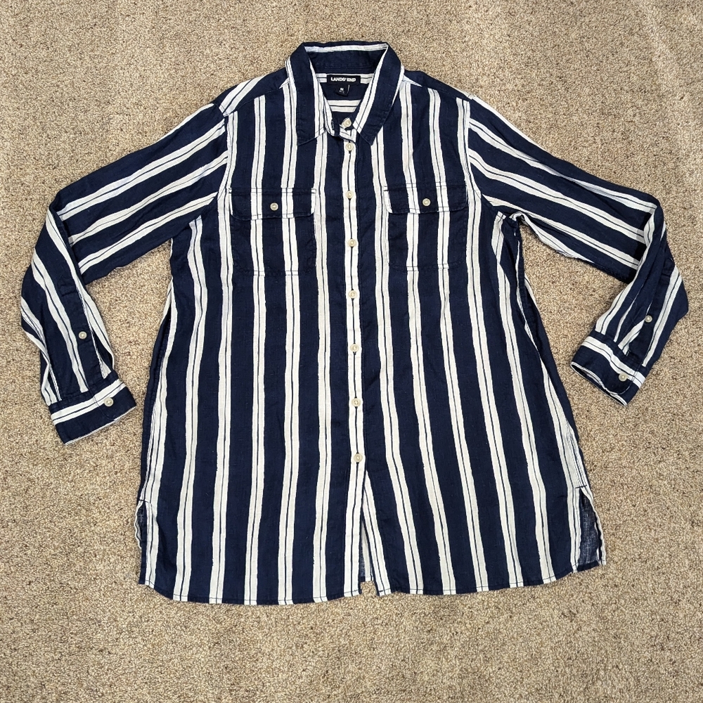Land's End 100% linen blue and white striped button up blouse size Medium